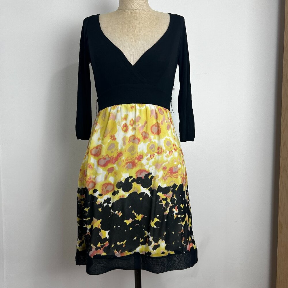 GUESS Jeans Y2K Floral Abstract Mini Dress Black Yellow 3/4 Ruched Sleeve